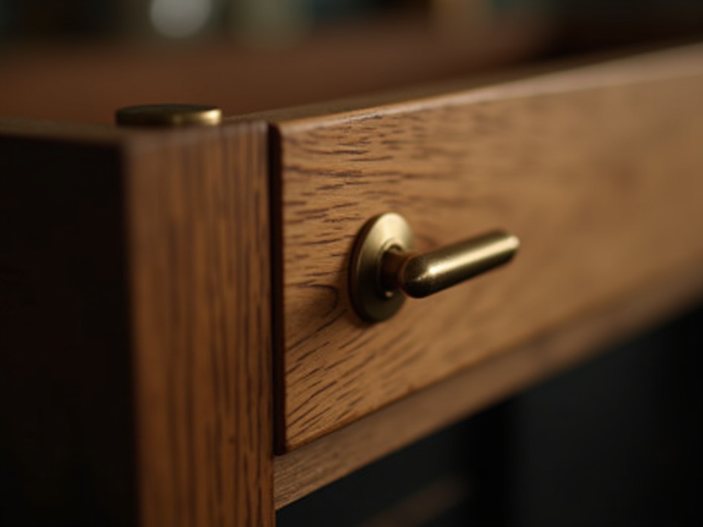 Solid oak kitchen cabinet door with brass handle on a joinery workbench