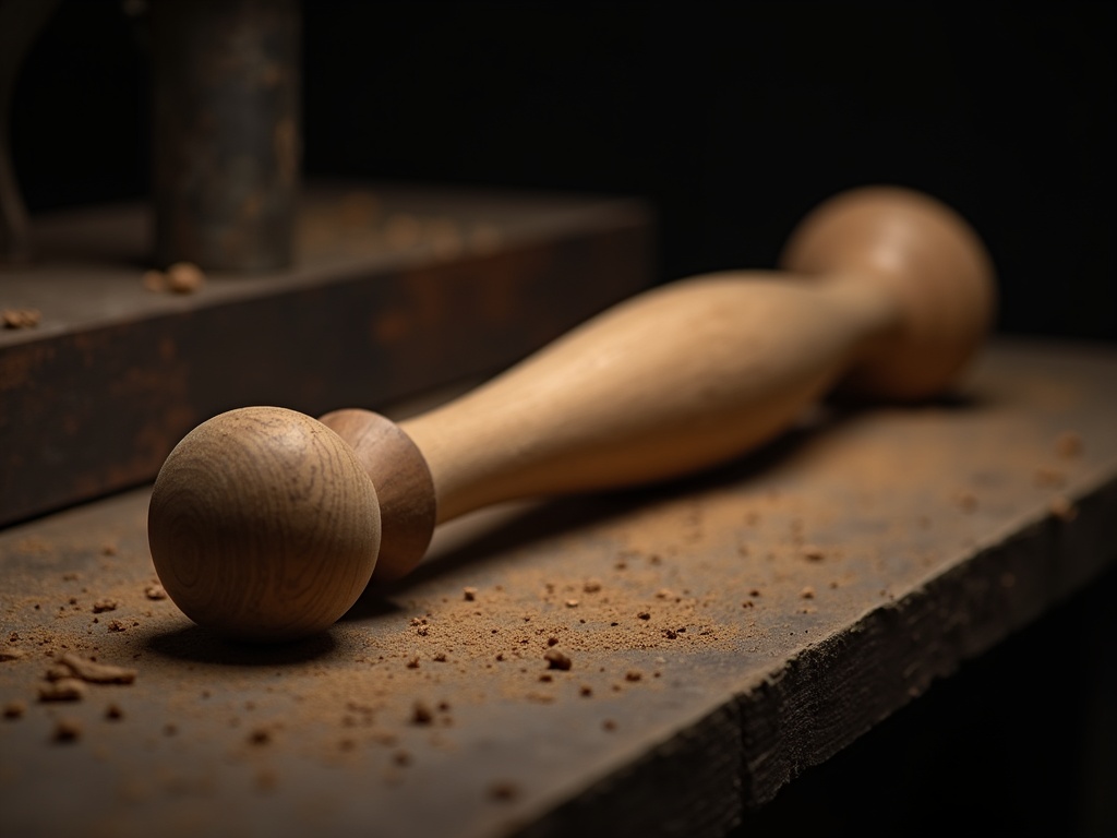 Hand-turned oak baluster on a joinery workbench