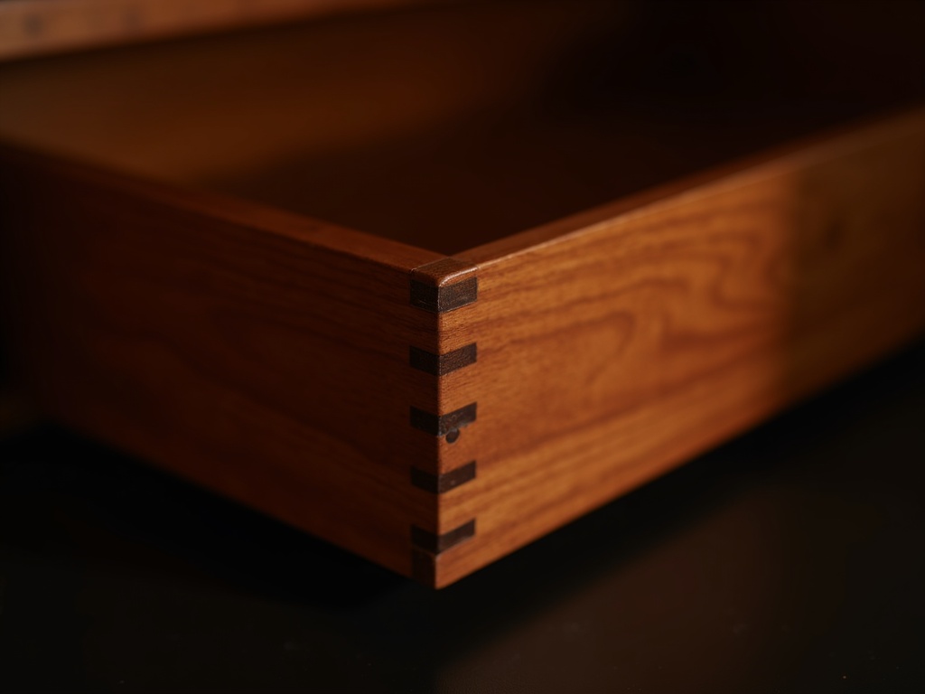 Cherry wood wardrobe drawer with visible dovetail joinery