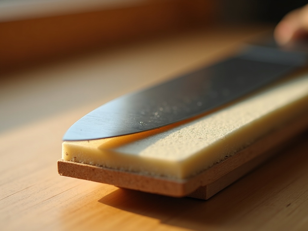 Japanese knife blade resting on a fine-grit whetstone showing a freshly sharpened bevel