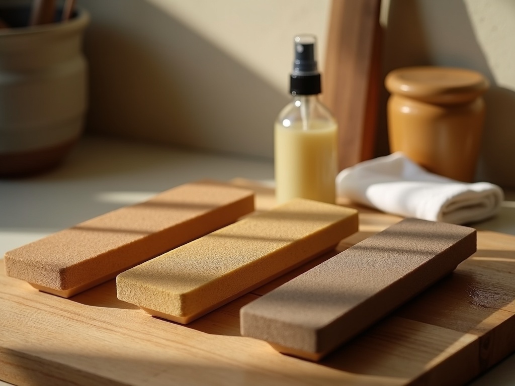 Three Japanese whetstones of different grits arranged on a wooden workshop surface