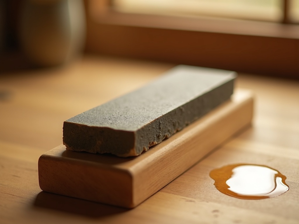 A well-worn Japanese natural whetstone on a wooden holder showing years of careful use