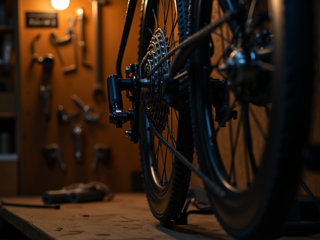 Bicycle wheel truing stand in the Ridgeway Bikes workshop, Southampton
