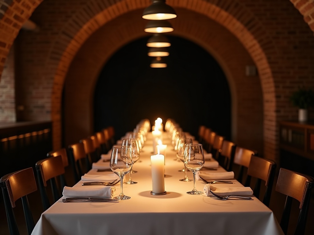 The Foundry's private dining room set beneath a Victorian brick arch