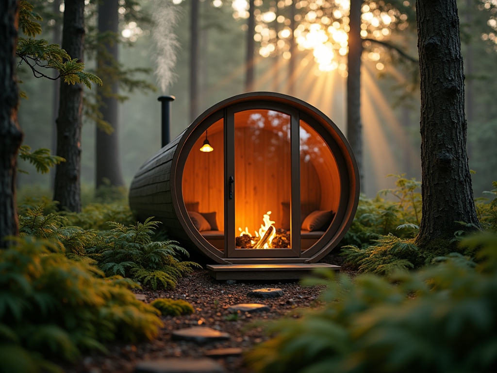 A cosy woodland pod with glass front glowing with firelight on the Dartmoor forest floor