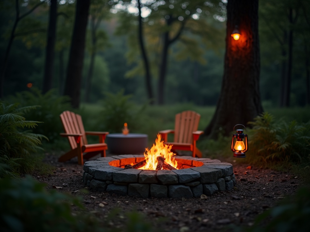 A private fire pit clearing deep in the Dartmoor forest at dusk with embers glowing