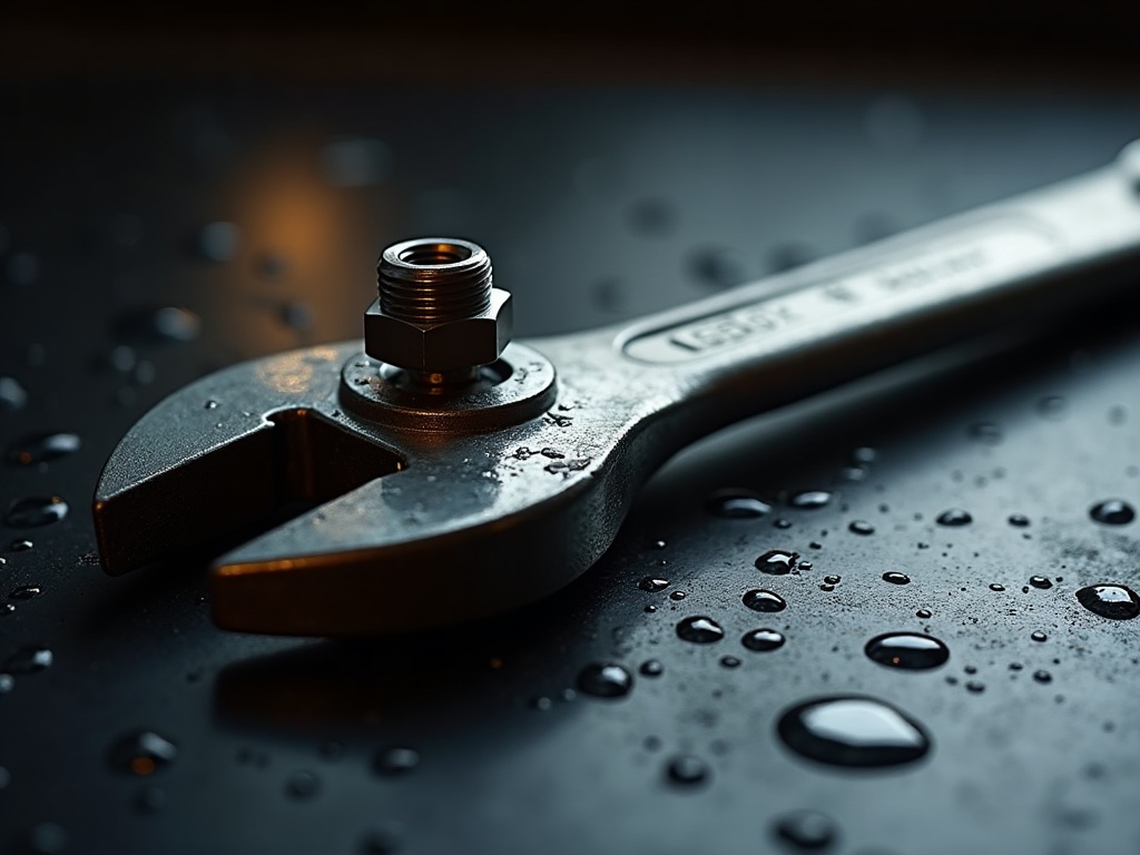 Adjustable wrench on a wet slate surface