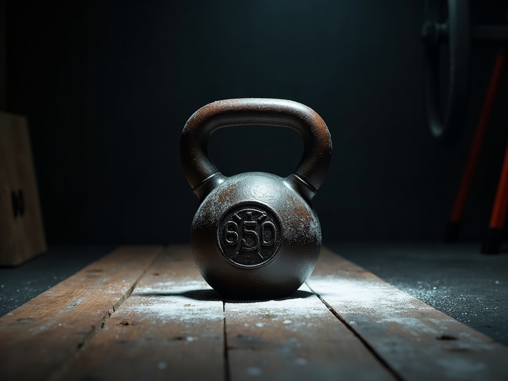 Heavy kettlebell on a chalk-dusted gym platform