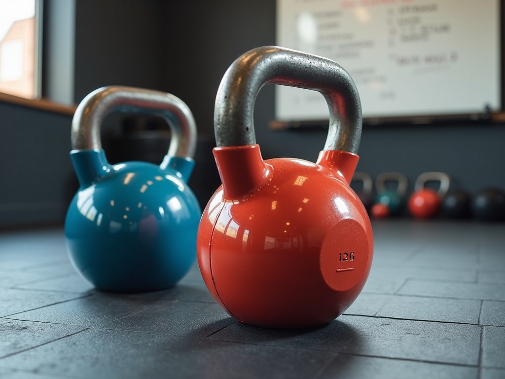 Kettlebells on a gym floor set up for a small-group strength session