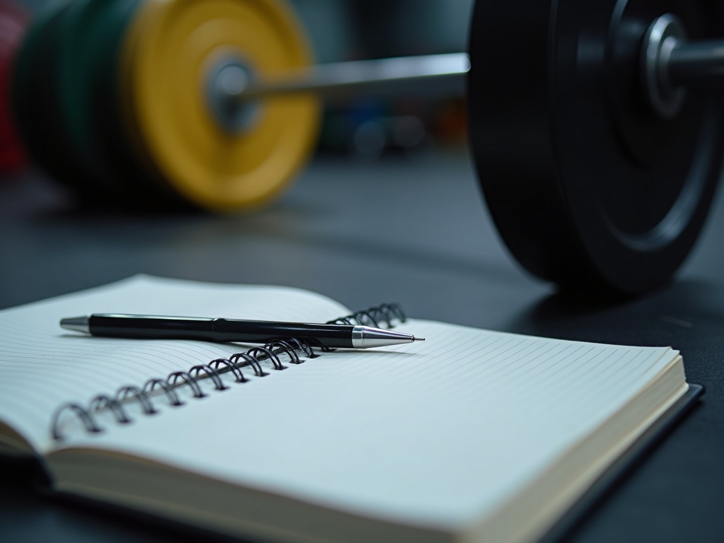Training log and barbell representing structured online programming