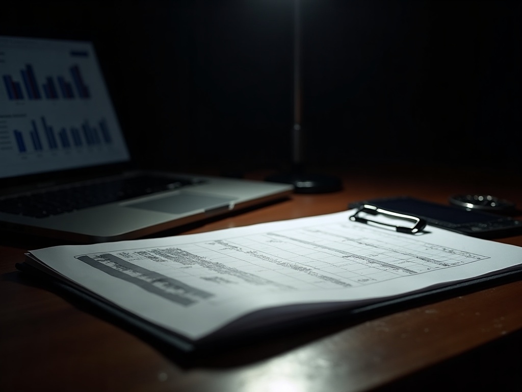 Open financial ledger alongside a laptop displaying business accounts data