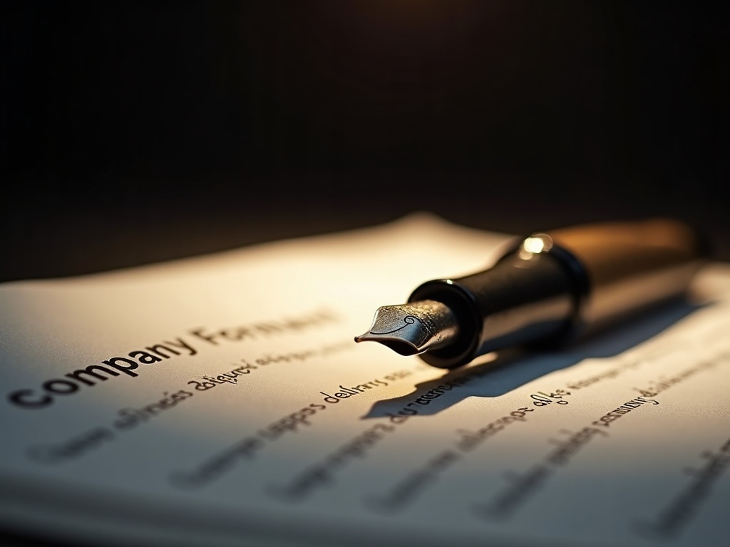 Fountain pen resting on a company formation document, symbolising the start of a new business