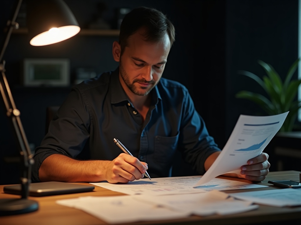Business owner reviewing financial reports with calm focus
