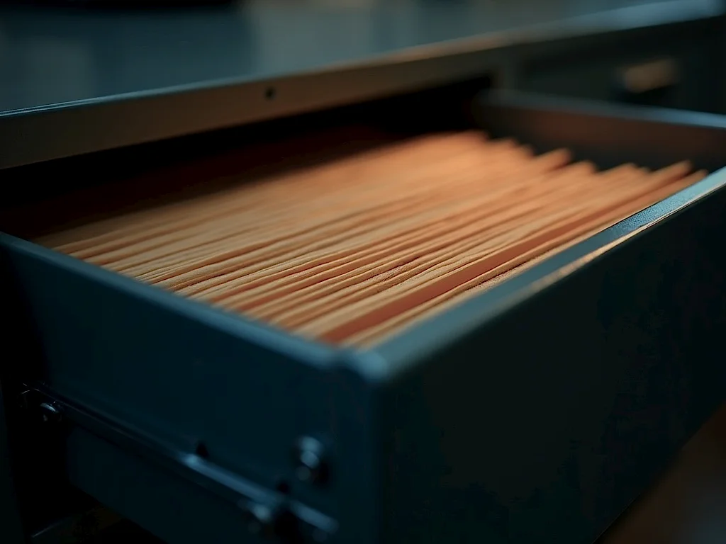 Organized wooden desk drawer with dividers for efficient office storage and document management