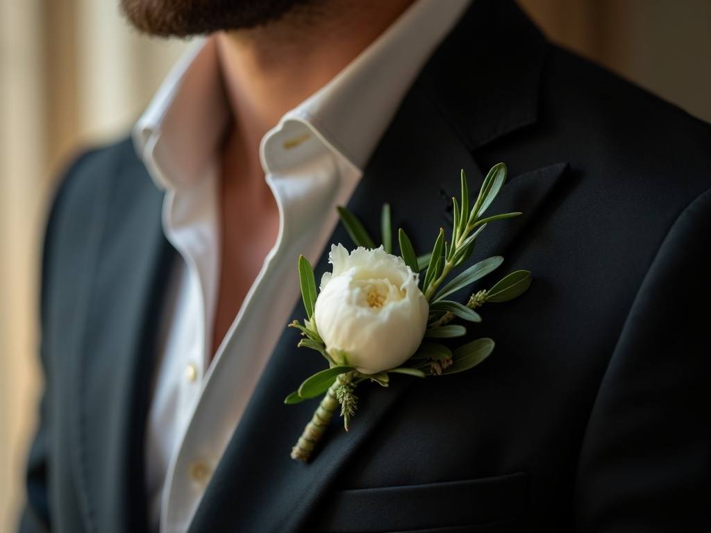 White ranunculus buttonhole pinned to a charcoal wedding suit lapel