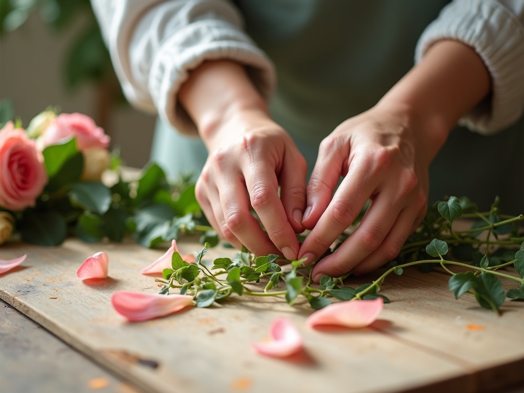 Florist hands arranging a wedding bouquet of garden roses and sweet peas on a workbench