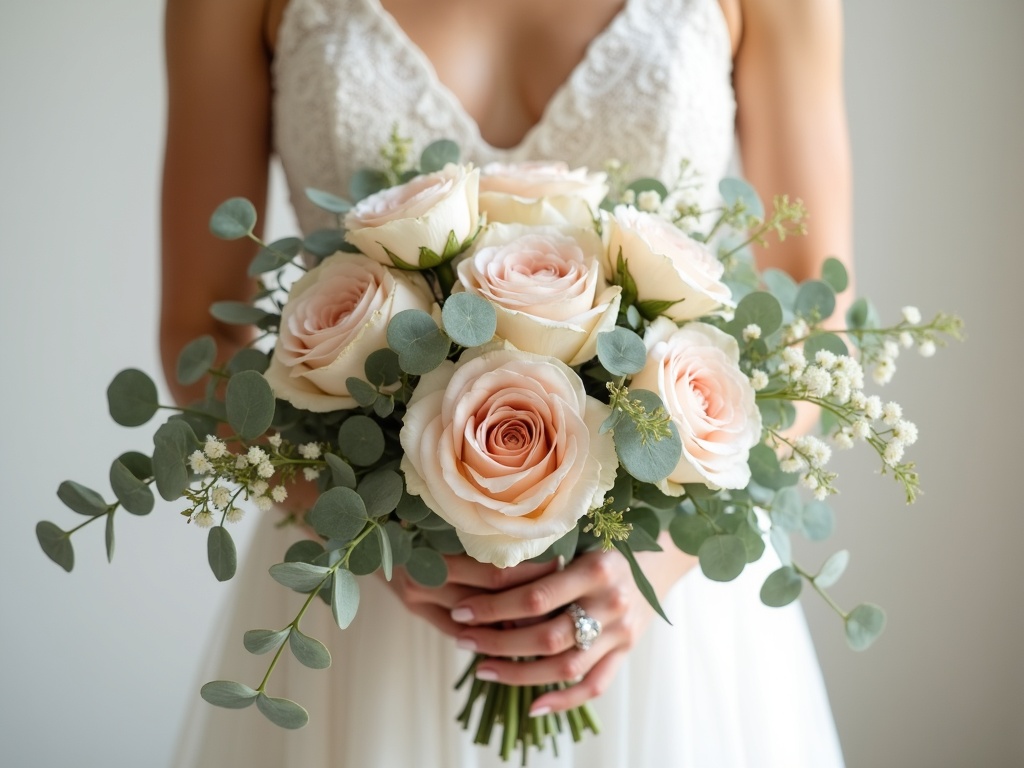 Bridal bouquet of blush roses and sweet peas held against a white lace dress