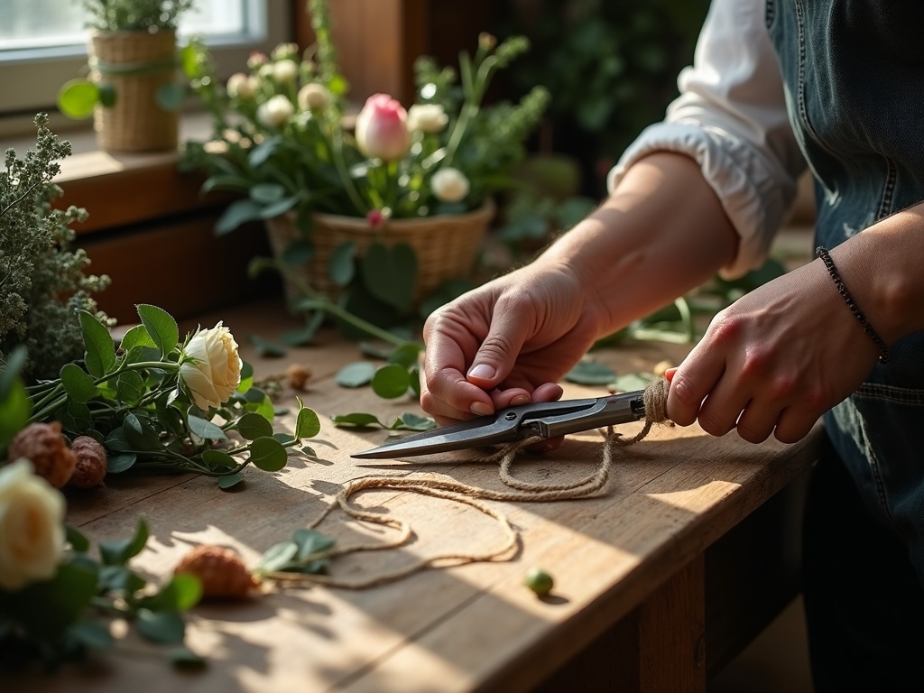 Florist hands tying a seasonal bouquet on a wooden workbench in Winchester