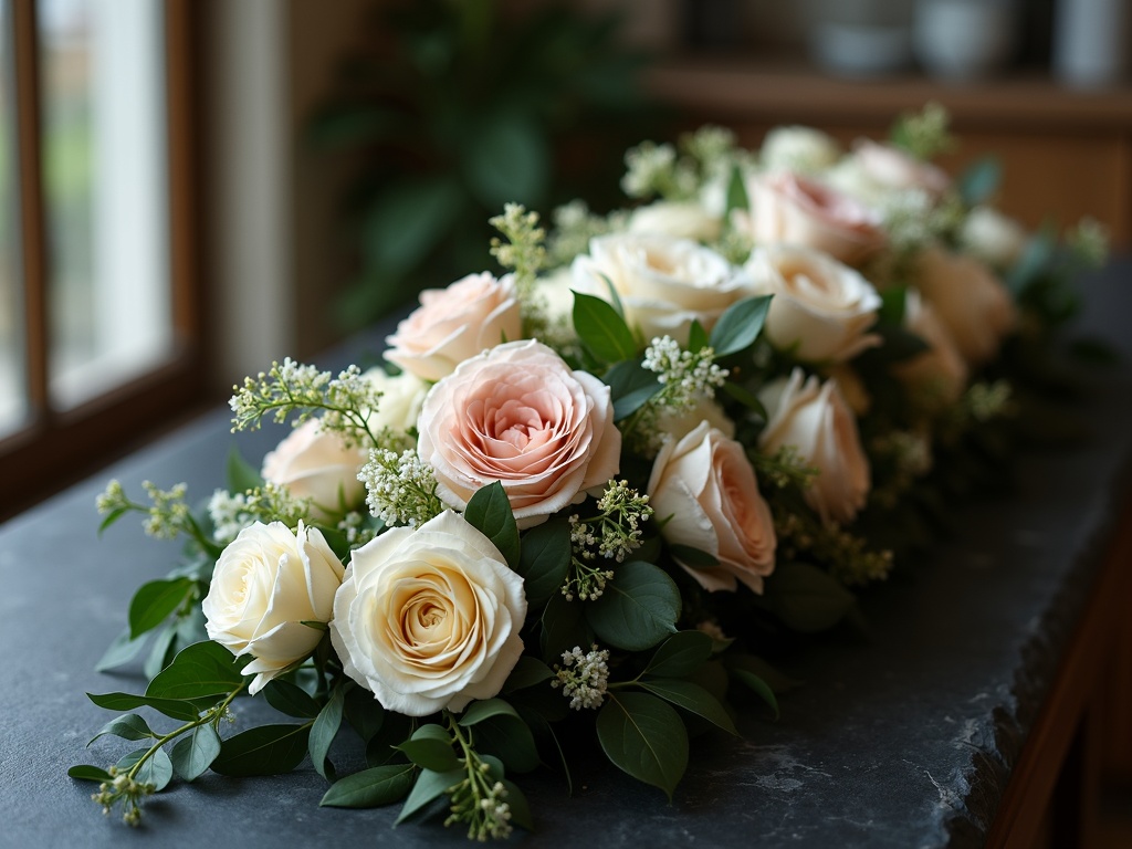 An elegant coffin spray of cream roses and trailing ivy
