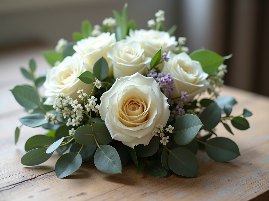 A hand-tied funeral tribute of white roses and freesia on a wooden surface