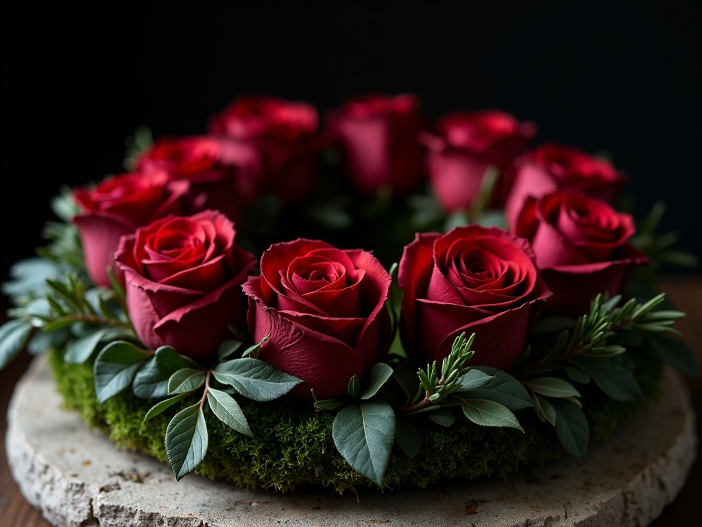 A circular wreath of deep red roses and rosemary on a moss base