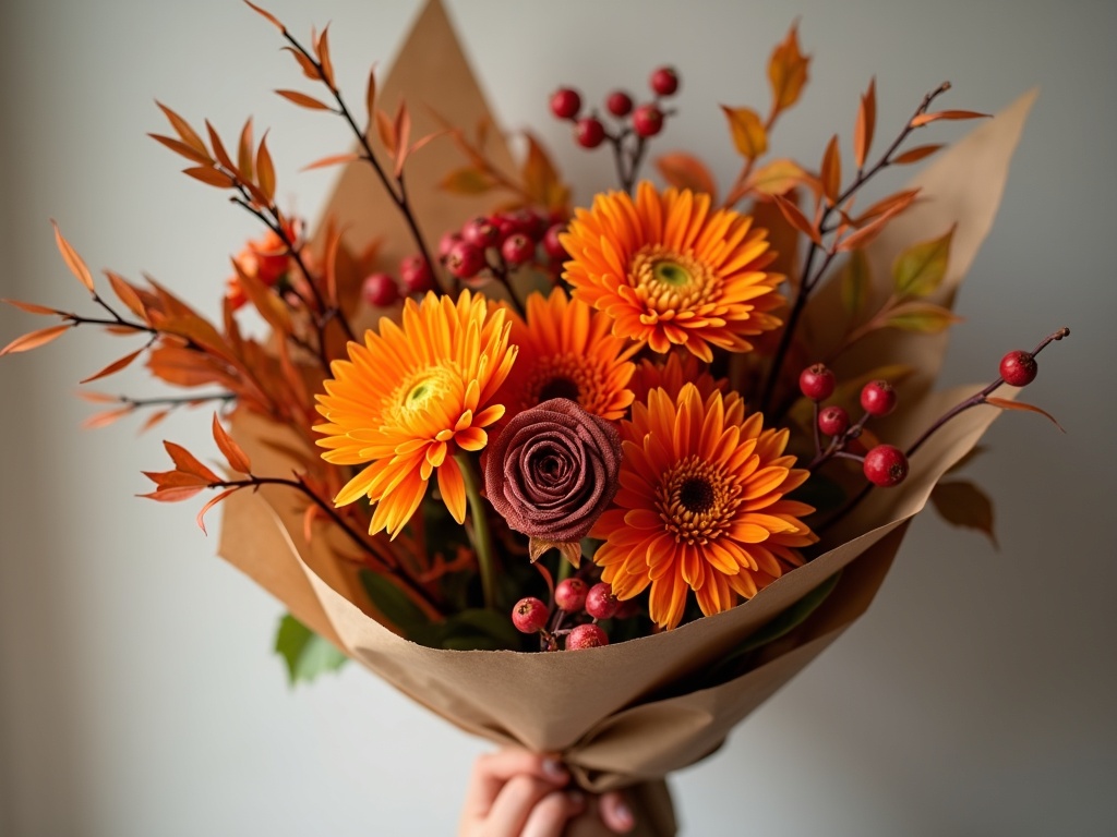 Autumnal bouquet of dahlias, rosehips and copper beech wrapped in kraft paper