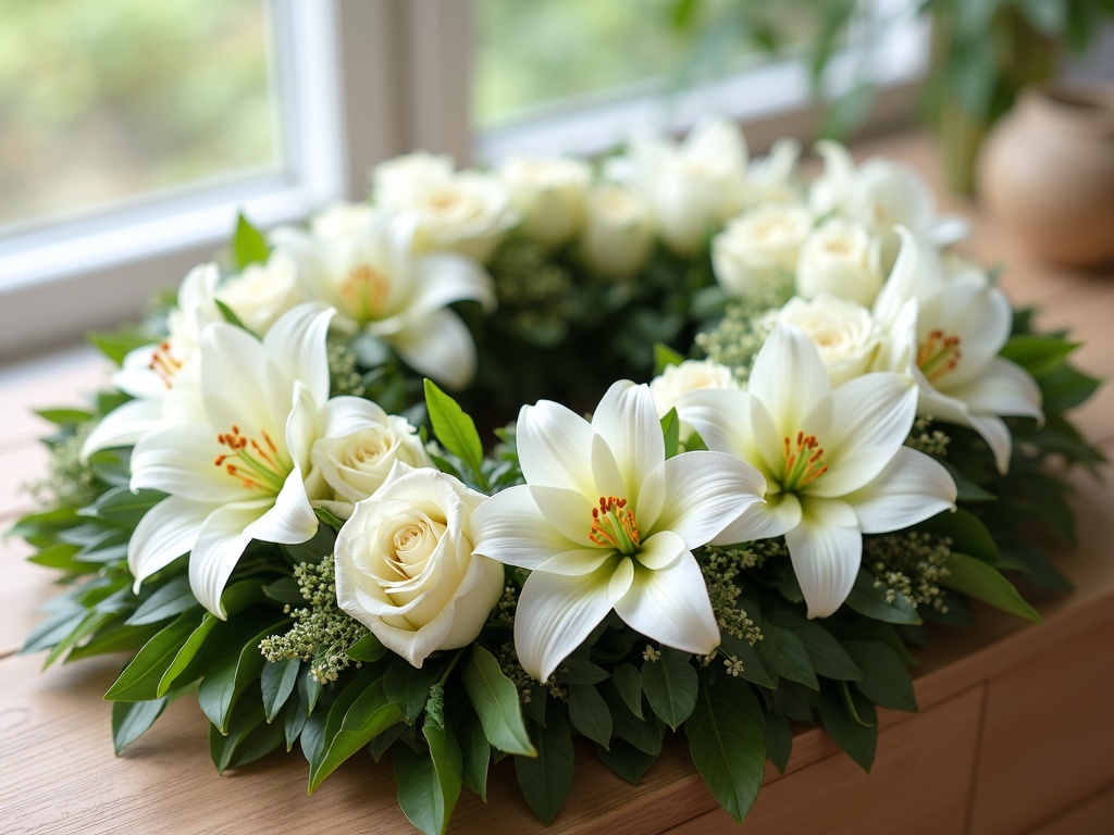 White chrysanthemum and lily funeral wreath arranged by Bloom & Petal Florists