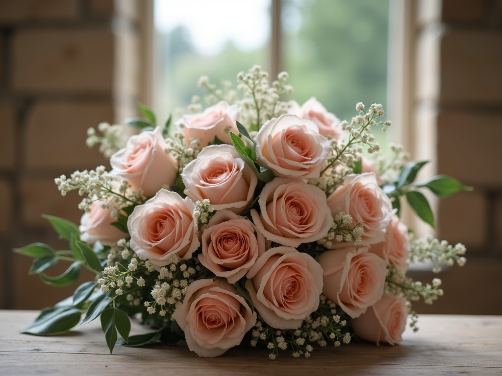 Bridal bouquet of blush roses and trailing jasmine on a Winchester church pew